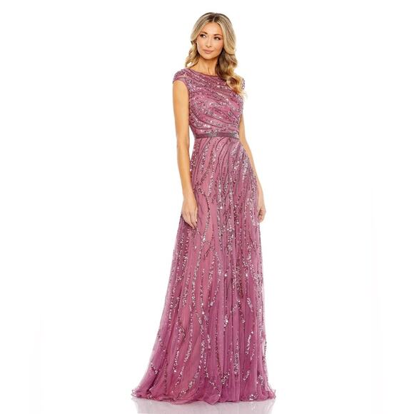 Mac Duggal Cap Sleeve Embellished Evening Gown in plum Size 8 - Picture 1 of 16